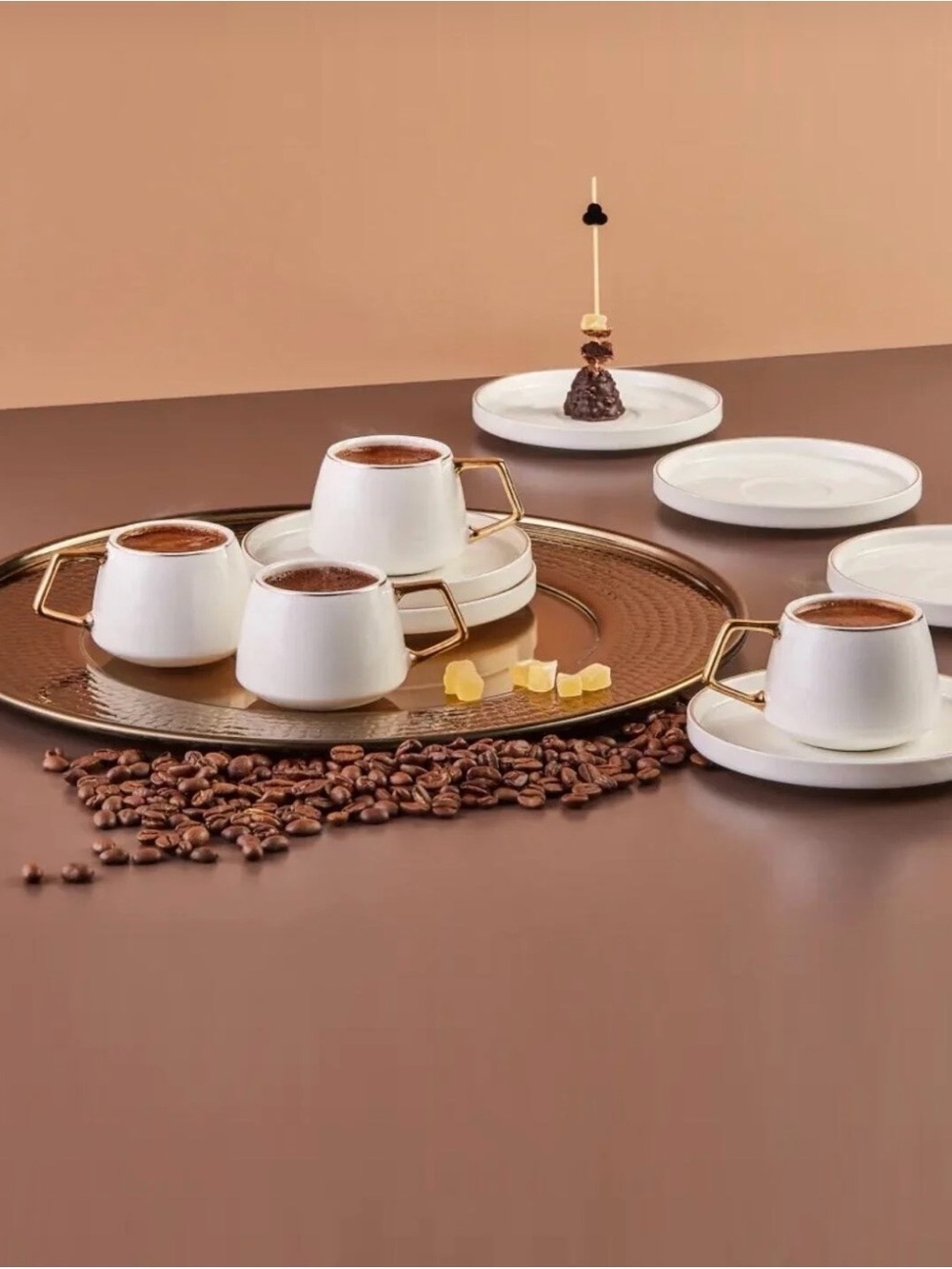 Elegant White porcelain Turkish Coffee Cup Set with Gold Handles Karaca espresso
